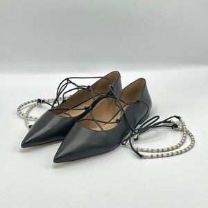 Like New Sam Edelman Winslet Lace Up Pointed Toe Black Leather Flat, Size 9
